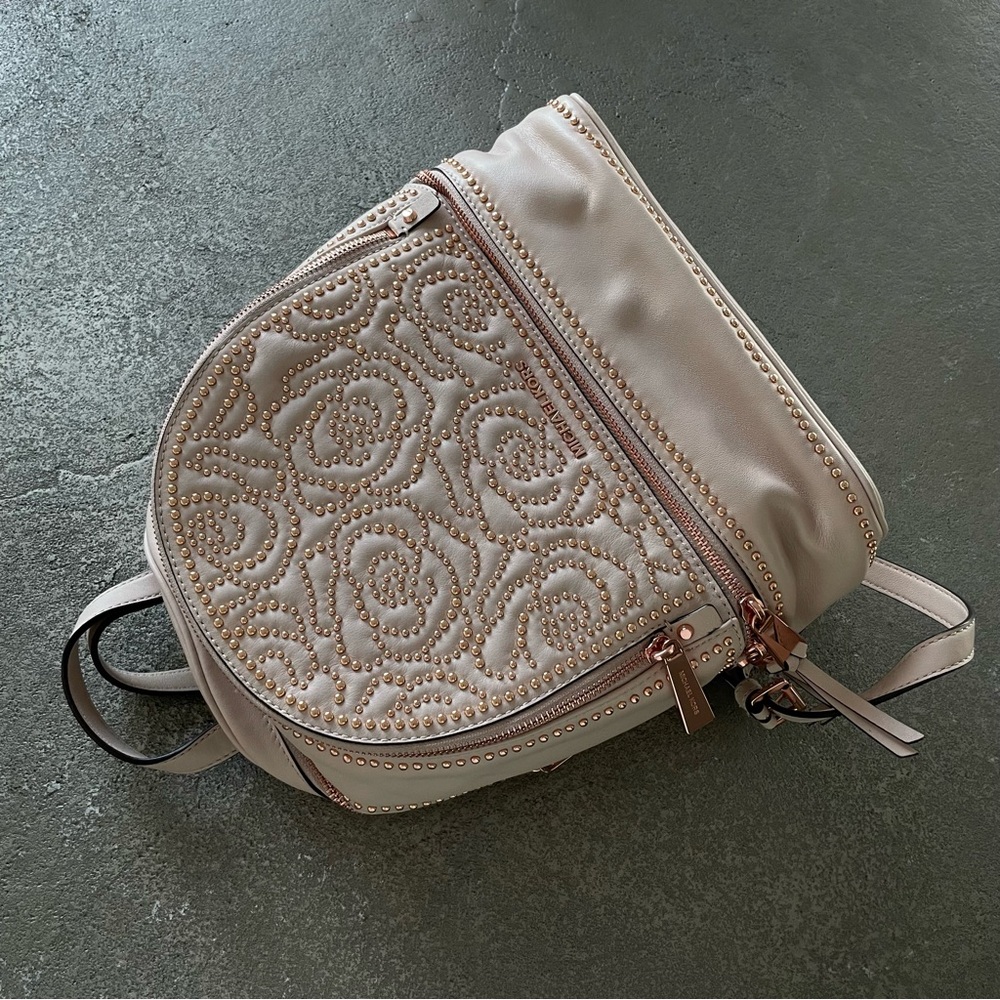 Michael Kors Beige Pink with Rose Gold Metal Rosette Studded Leather Backpack - Picture 2 of 15